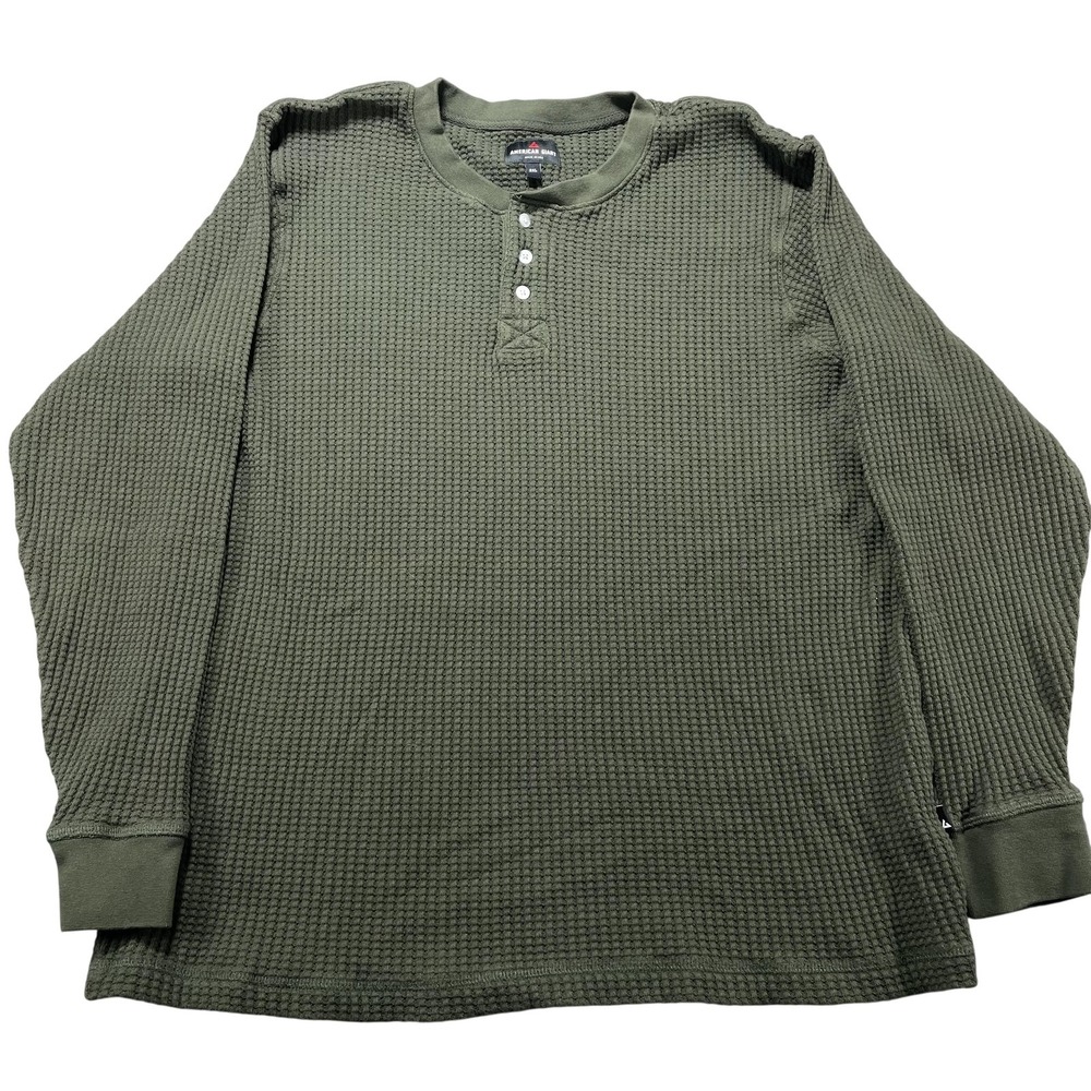 American Giant Thermal Shirt Mens 2XL Green Waffle Knit Long Sleeve Henley